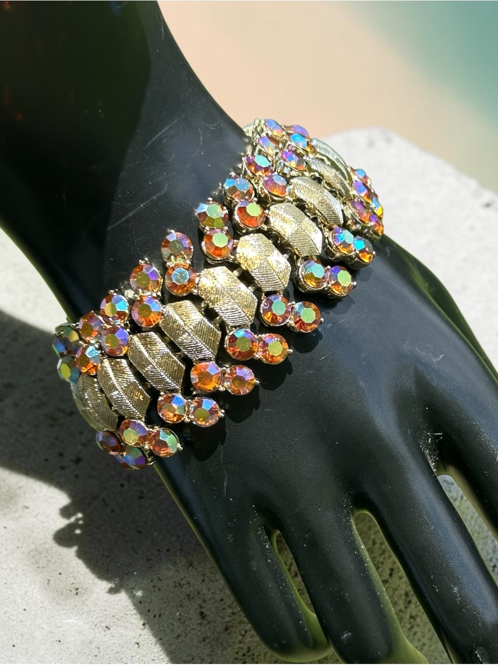 Vintage Signed Coro Coral Peach Aurora Borealis Rhinestone Textured Leaf Bracele